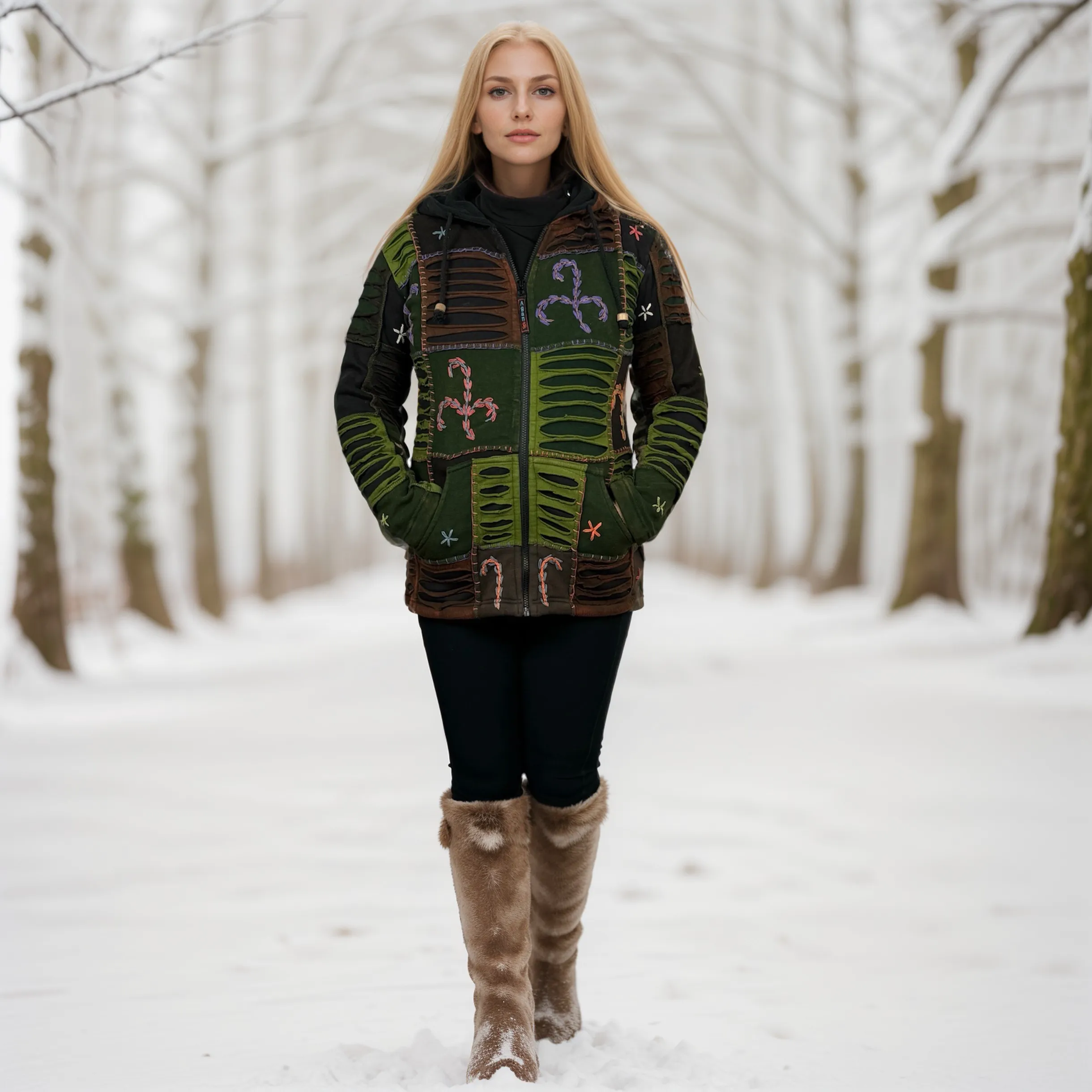360 RJ Bohemian Fleece Lined Knit Rib Cotton Cozy Hoodie  Himalayan Jacket