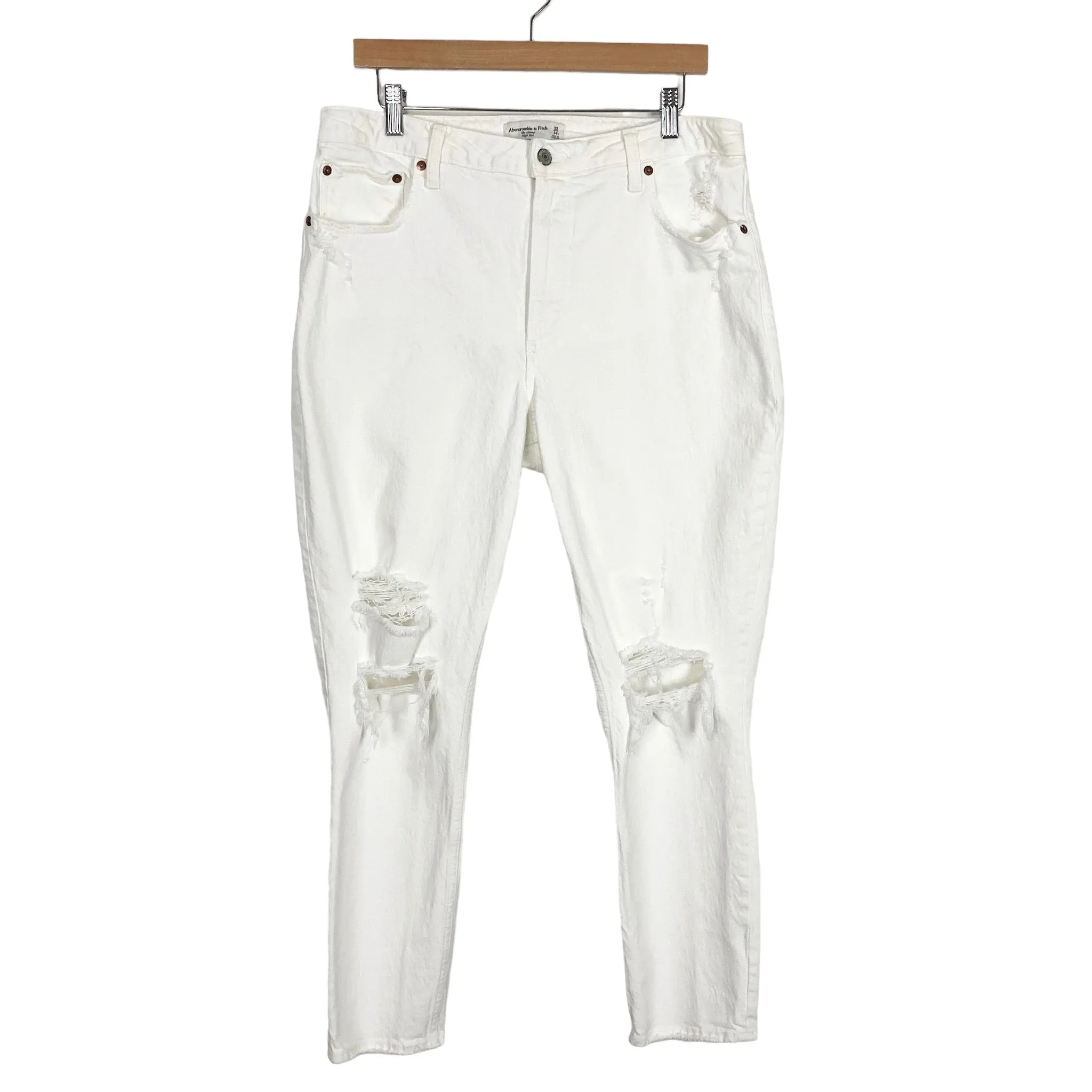 Abercrombie & Fitch White Distressed Curve Love Skinny High Rise Jeans- Size 32/14 (Inseam 27”)