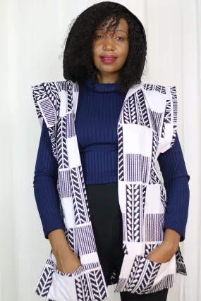 AFRICAN PRINT FALL SLEEVELESS HOODIE - WHITE/BLACK KENTE PRINT