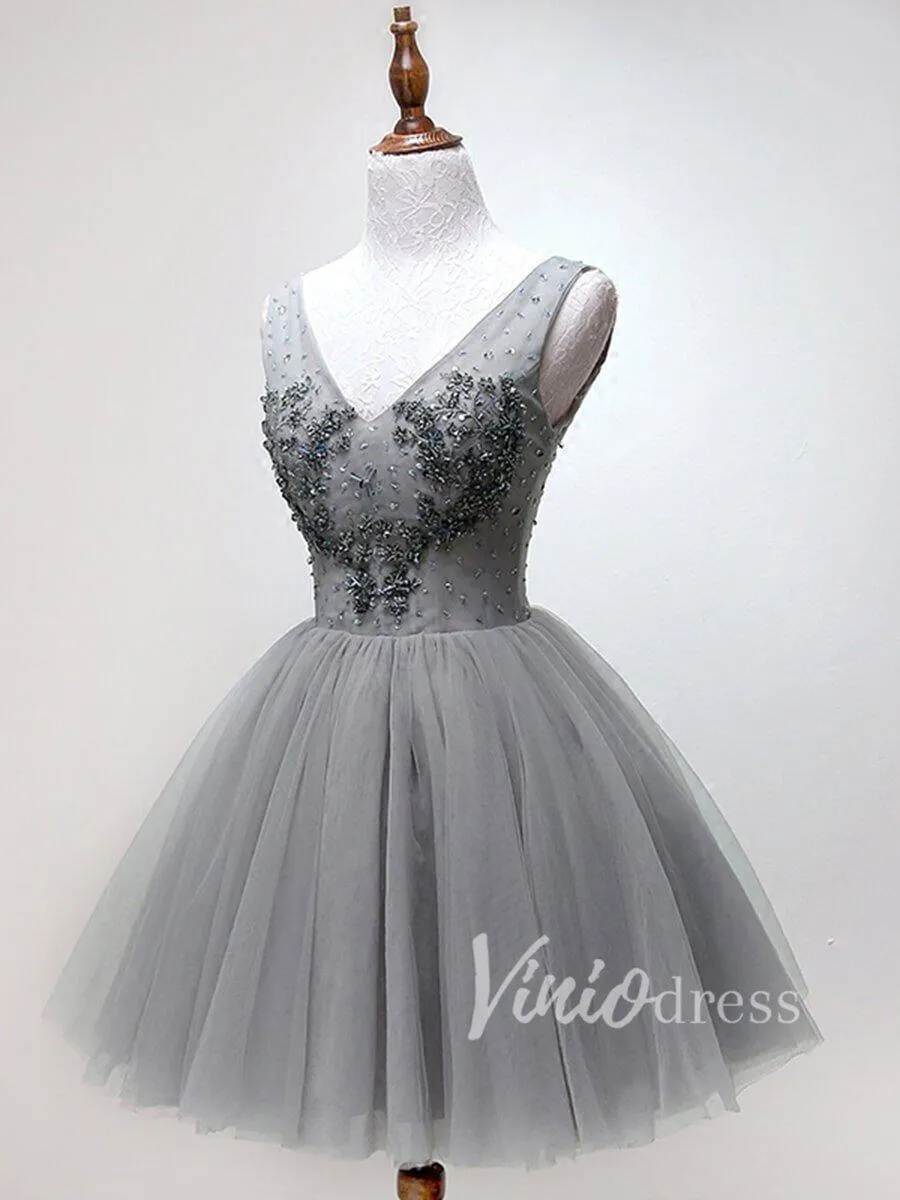 Beaded Gray Tulle Homecoming Dresses V Neck SD1172