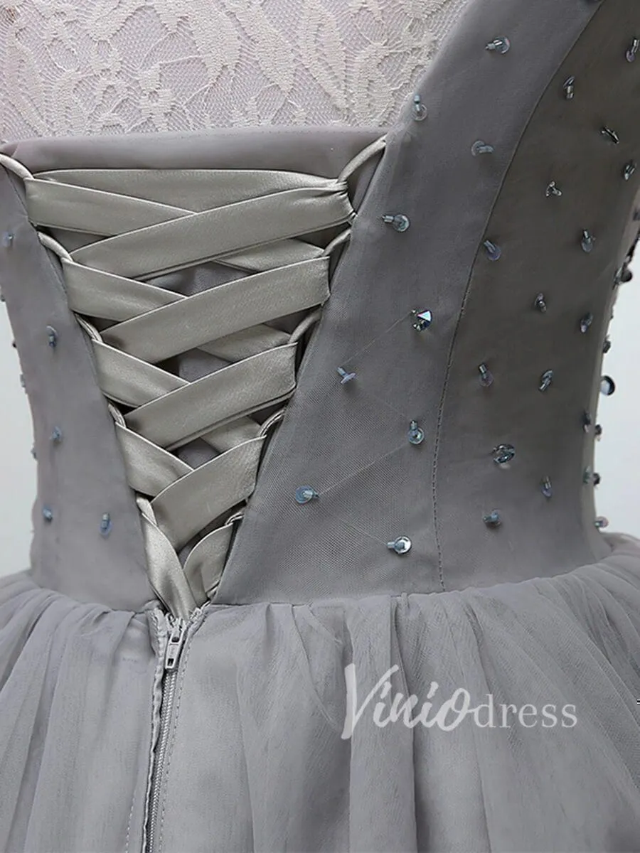 Beaded Gray Tulle Homecoming Dresses V Neck SD1172