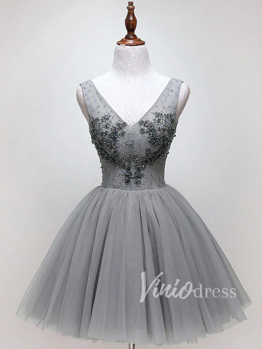 Beaded Gray Tulle Homecoming Dresses V Neck SD1172