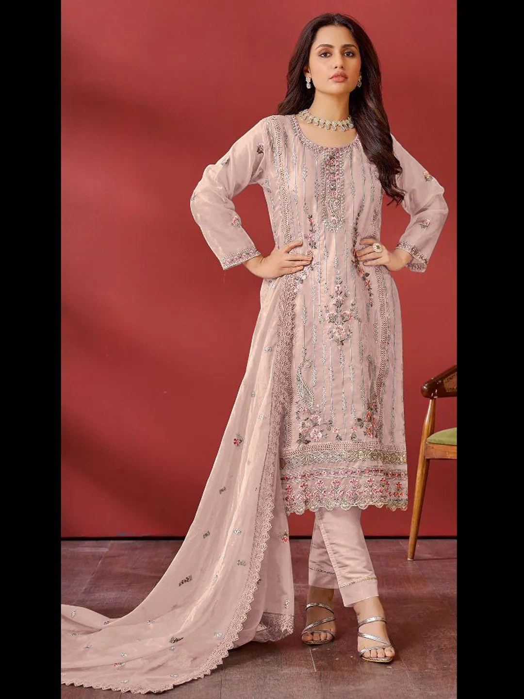 Beige Designer Heavy Pakistani Pant Suit With Prettified Embroidery Work