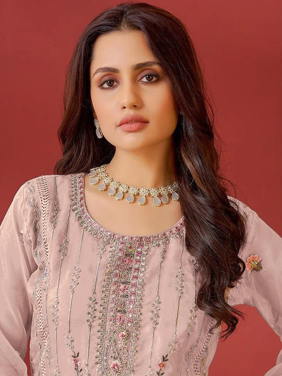 Beige Designer Heavy Pakistani Pant Suit With Prettified Embroidery Work