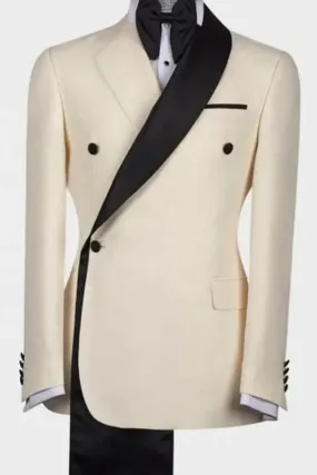 Beige Two Pieces Slim Fit Wedding Suits with Black Shawl Lapel