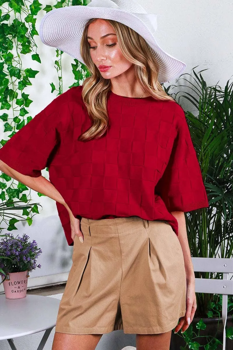 BURGUNDY CREW NECK SHORT-SLEEVE TEXTURED KNIT SWEATER TOP