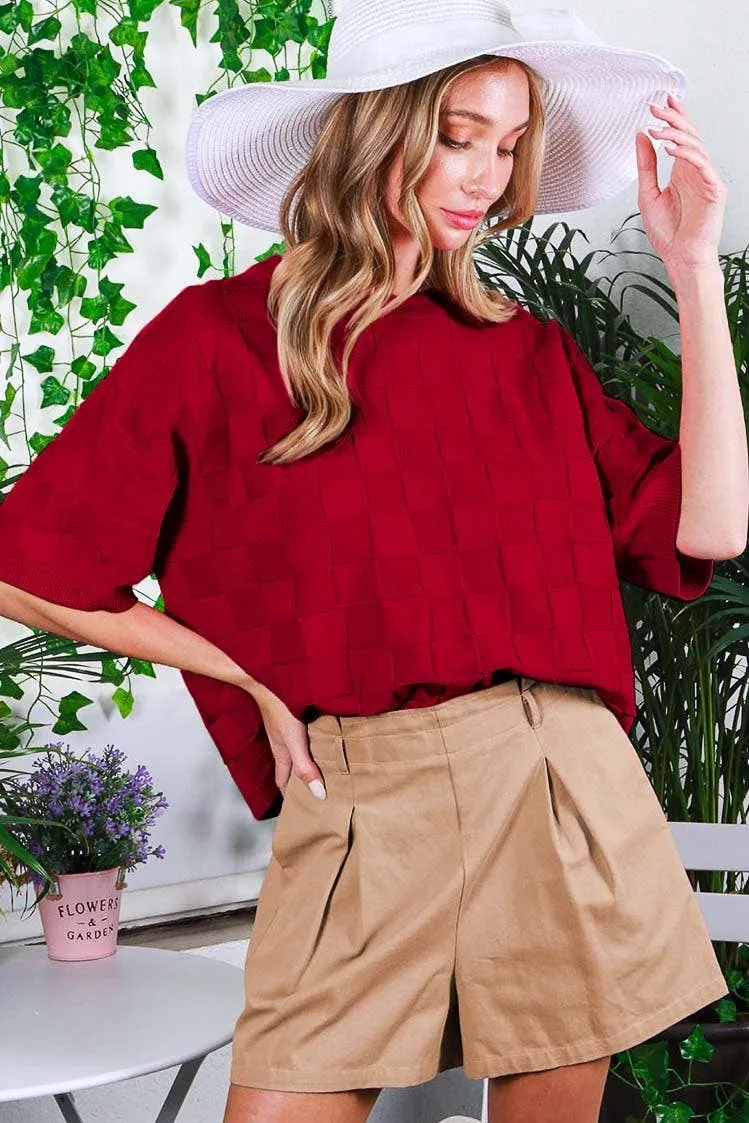 BURGUNDY CREW NECK SHORT-SLEEVE TEXTURED KNIT SWEATER TOP