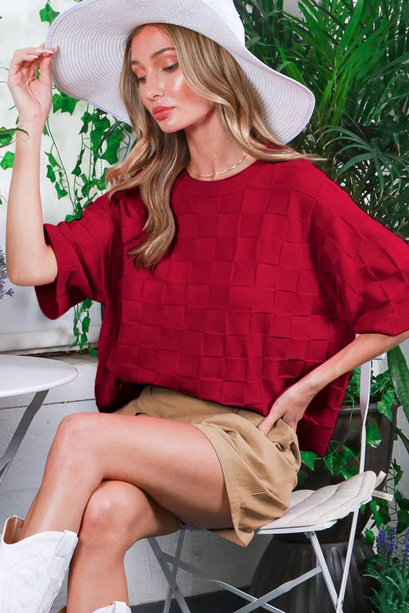 BURGUNDY CREW NECK SHORT-SLEEVE TEXTURED KNIT SWEATER TOP