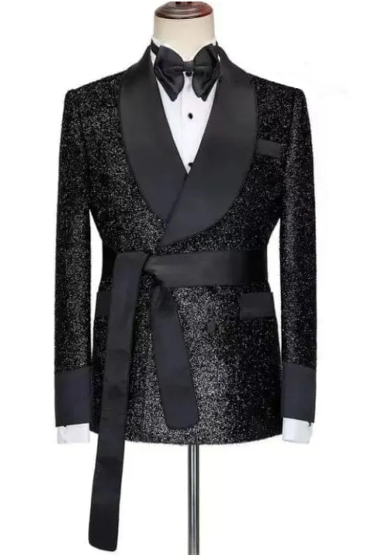 Chic Black Shawl Lapel Sequins Two Pieces Wedding Suits with Single Breasted