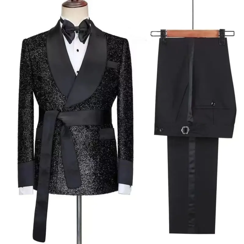 Chic Black Shawl Lapel Sequins Two Pieces Wedding Suits with Single Breasted
