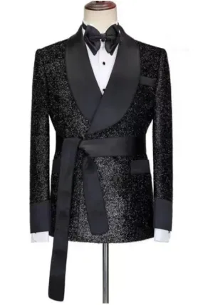 Chic Black Shawl Lapel Sequins Two Pieces Wedding Suits with Single Breasted