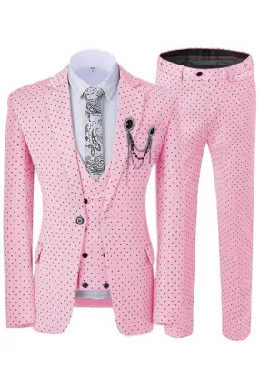 Chic Pink Notched Lapel Three Pieces Slim Fit Suits with Black Dot