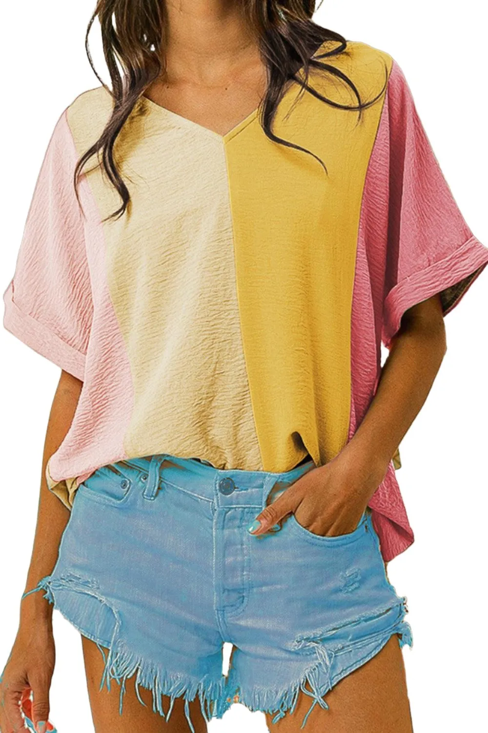 Color Block V-Neck Half Sleeve T-Shirt