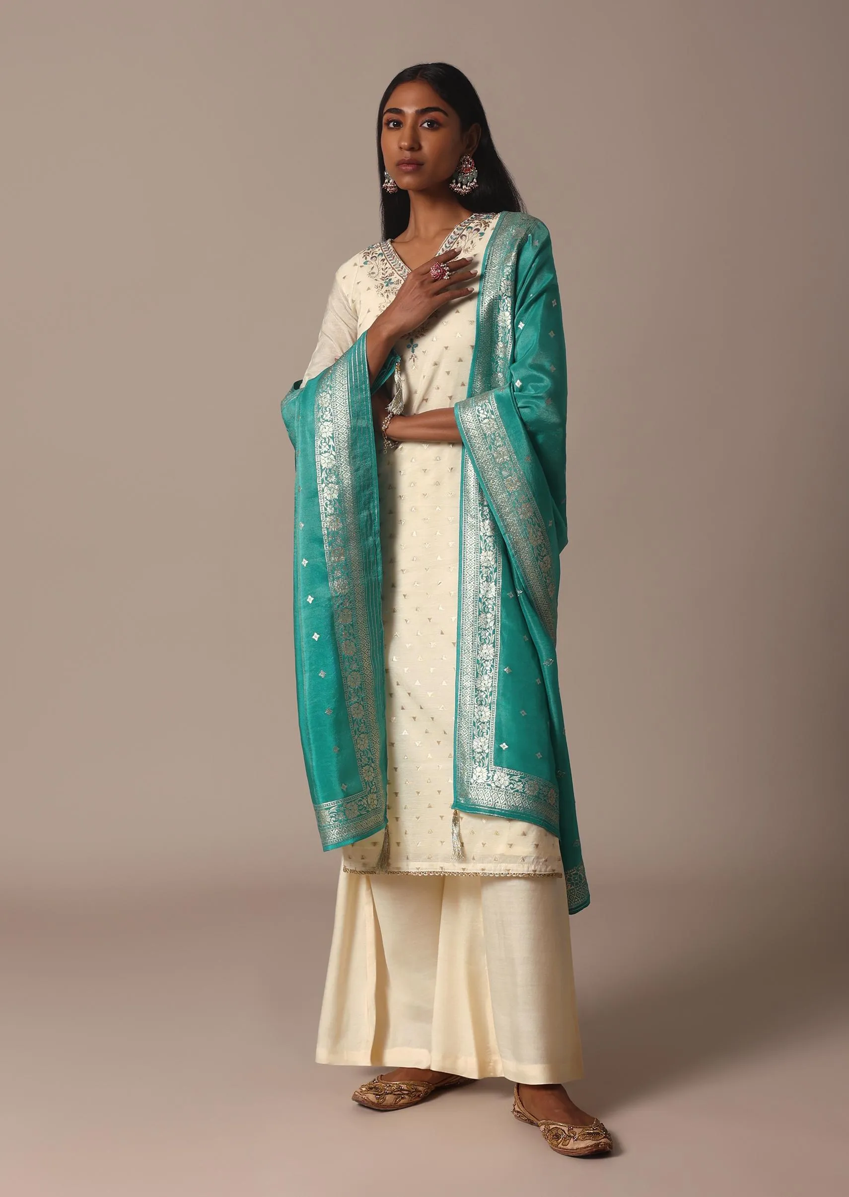 Green Banarasi Silk Chanderi Palazzo Set With Gold Weave