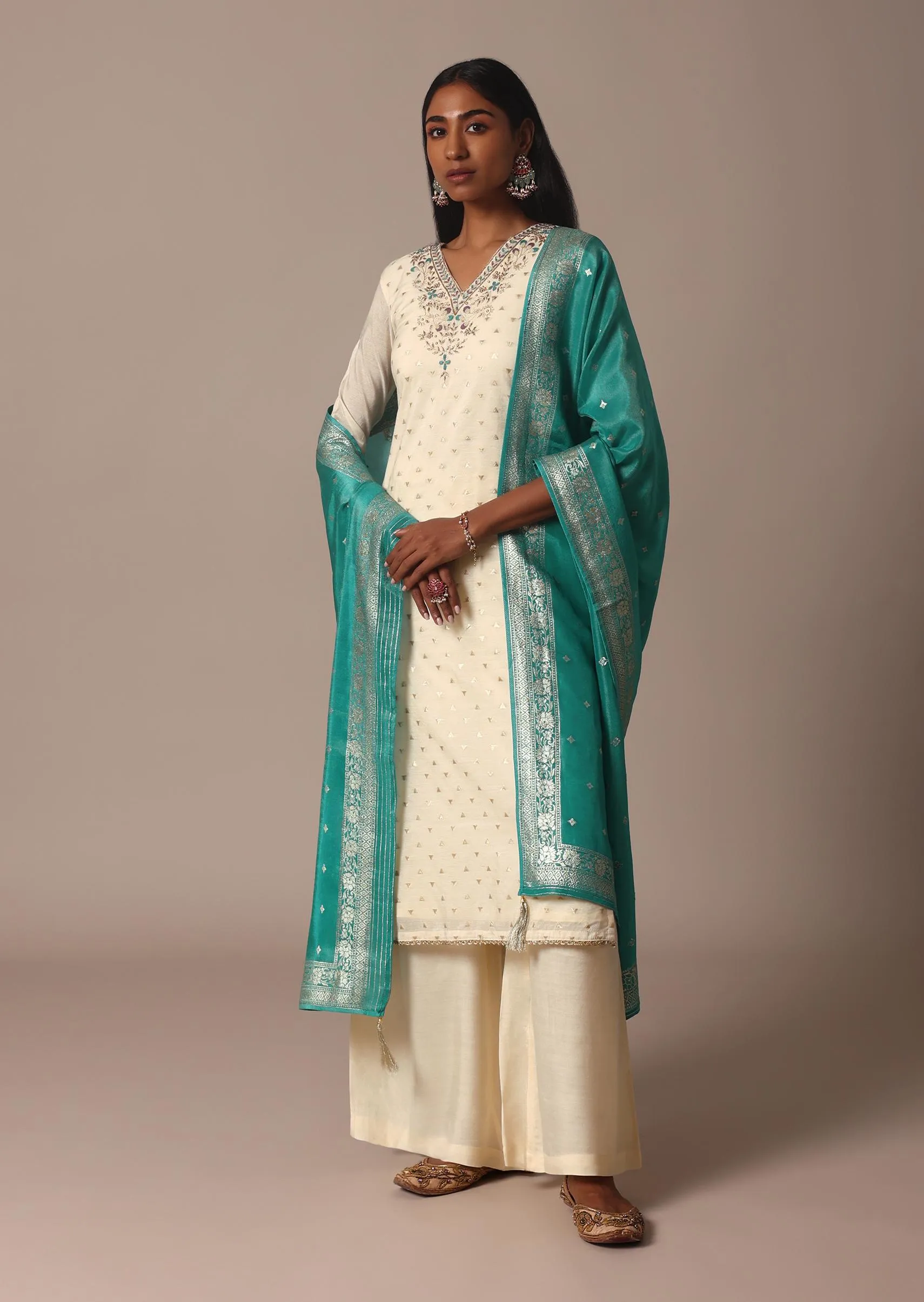 Green Banarasi Silk Chanderi Palazzo Set With Gold Weave