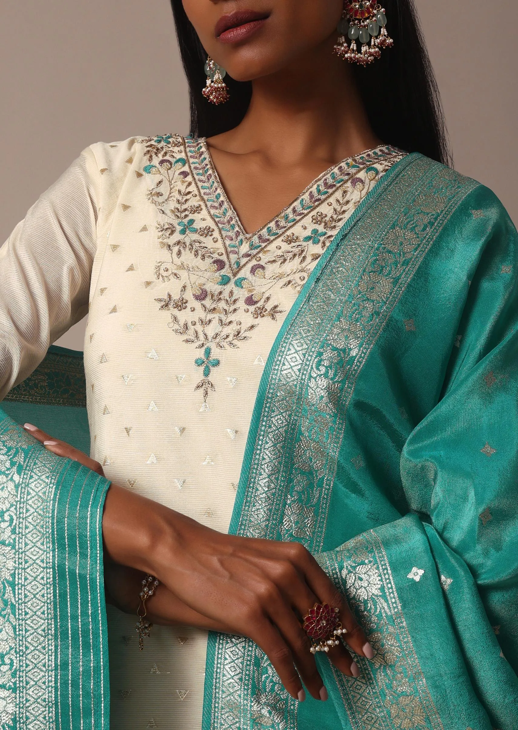 Green Banarasi Silk Chanderi Palazzo Set With Gold Weave