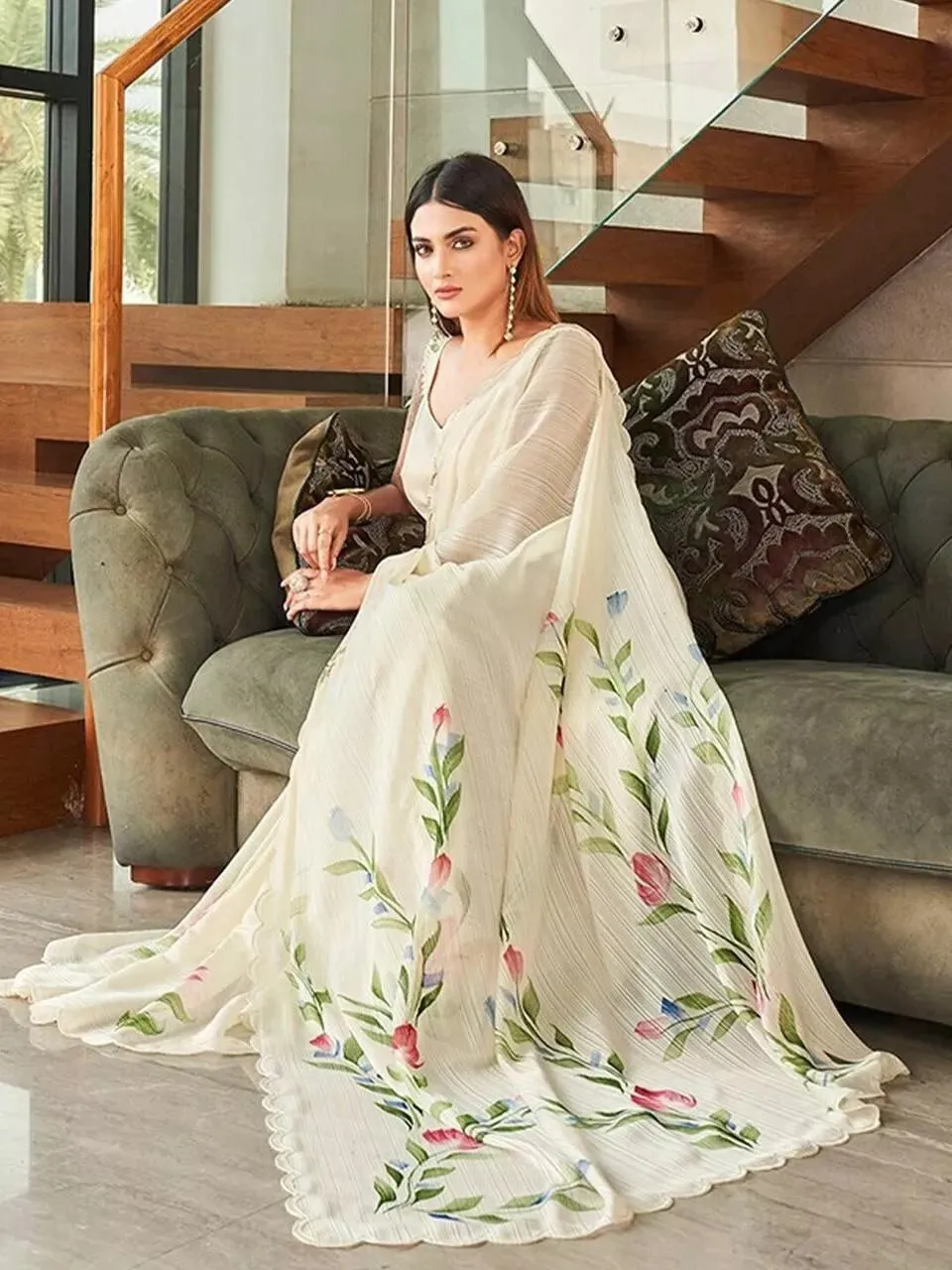 Indian Ethnic Wear Moss Chiffon Saree With Blouse, Traditional Sari