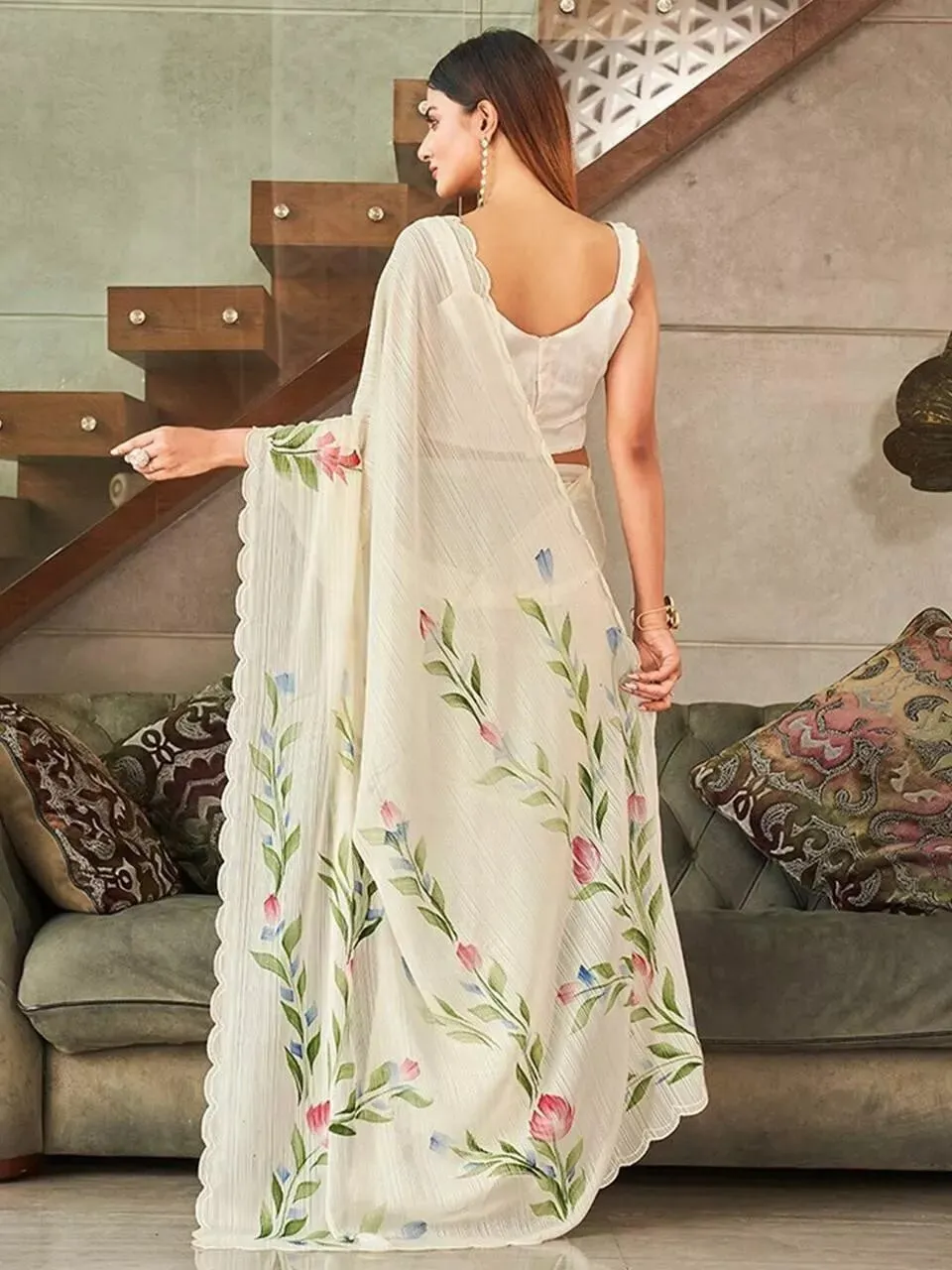 Indian Ethnic Wear Moss Chiffon Saree With Blouse, Traditional Sari