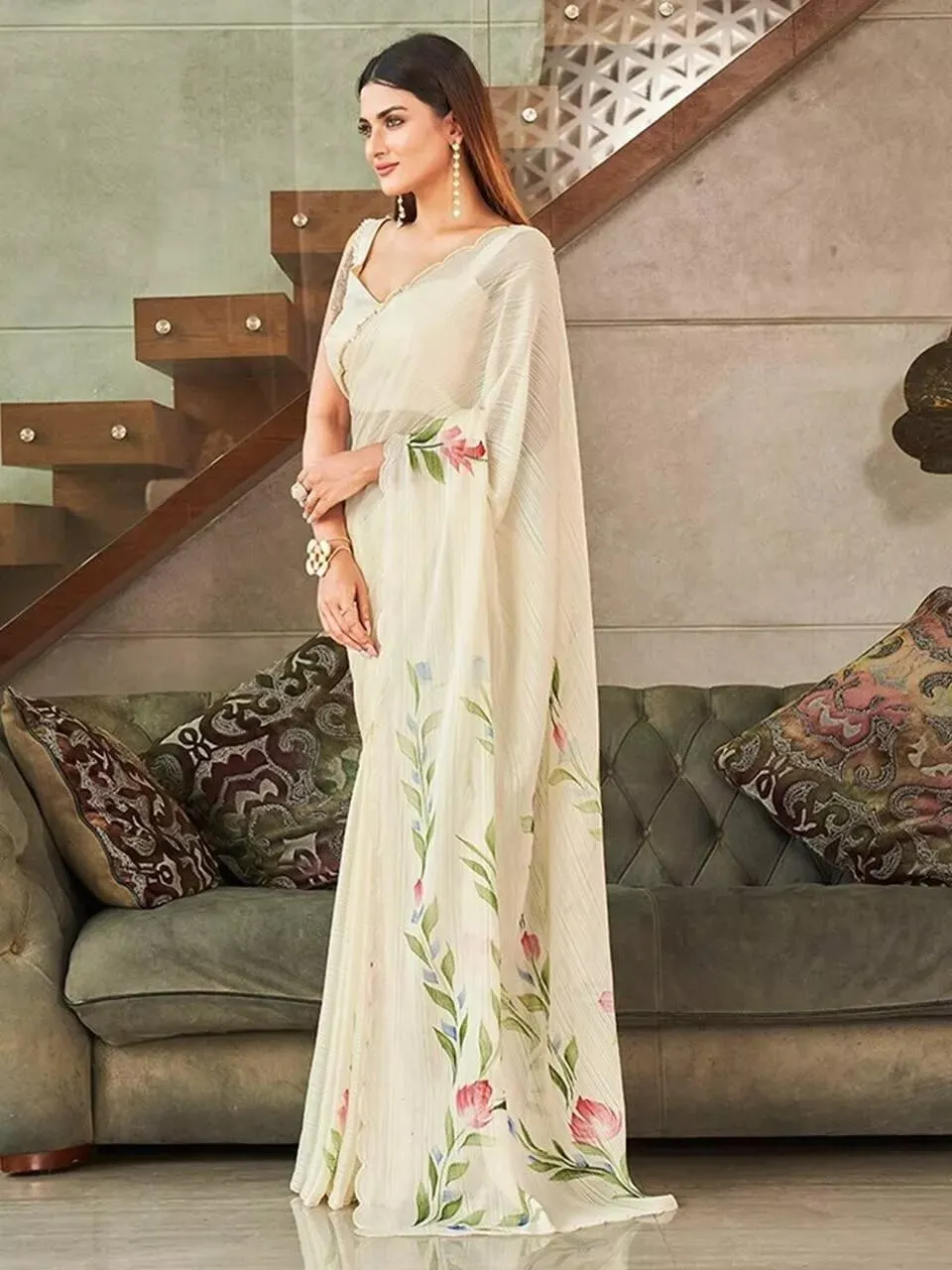 Indian Ethnic Wear Moss Chiffon Saree With Blouse, Traditional Sari