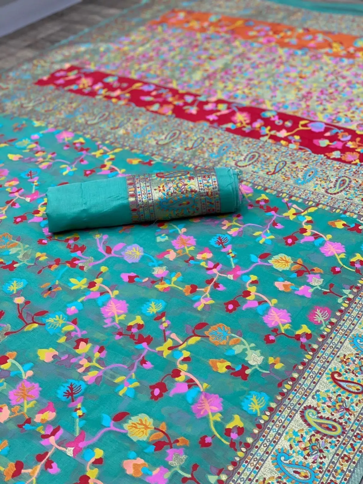 Kashmiri Silk Weaving Multiple Color Printed Sari & Blouse