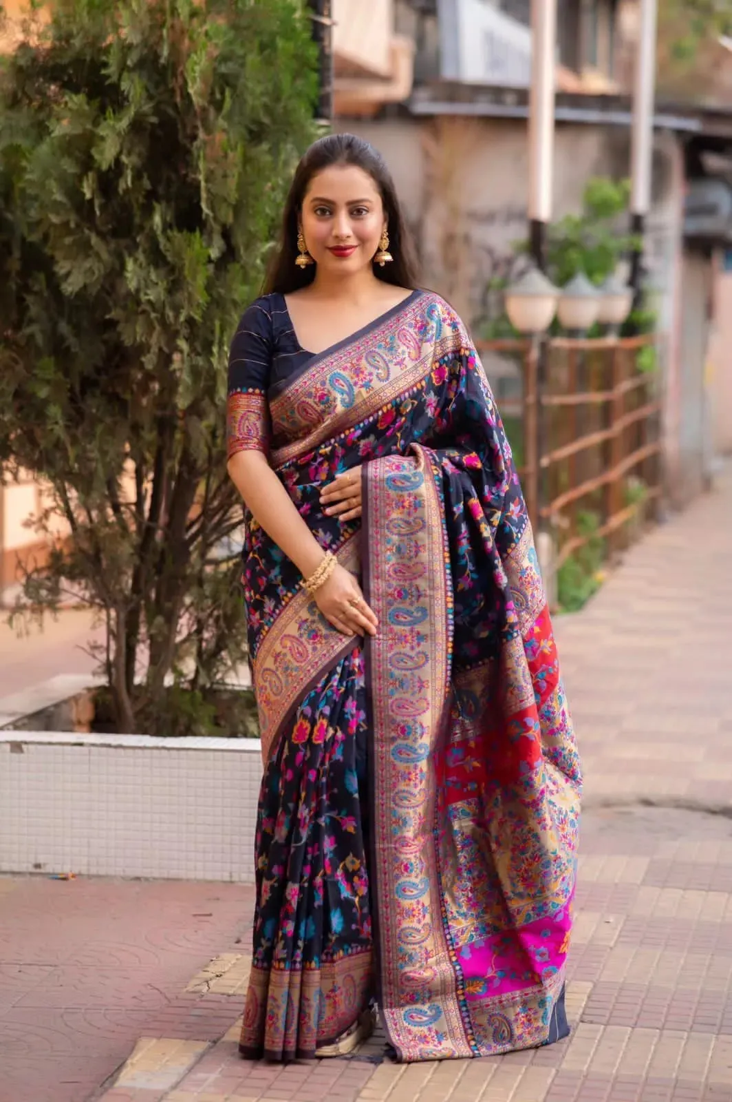 Kashmiri Silk Weaving Multiple Color Printed Sari & Blouse