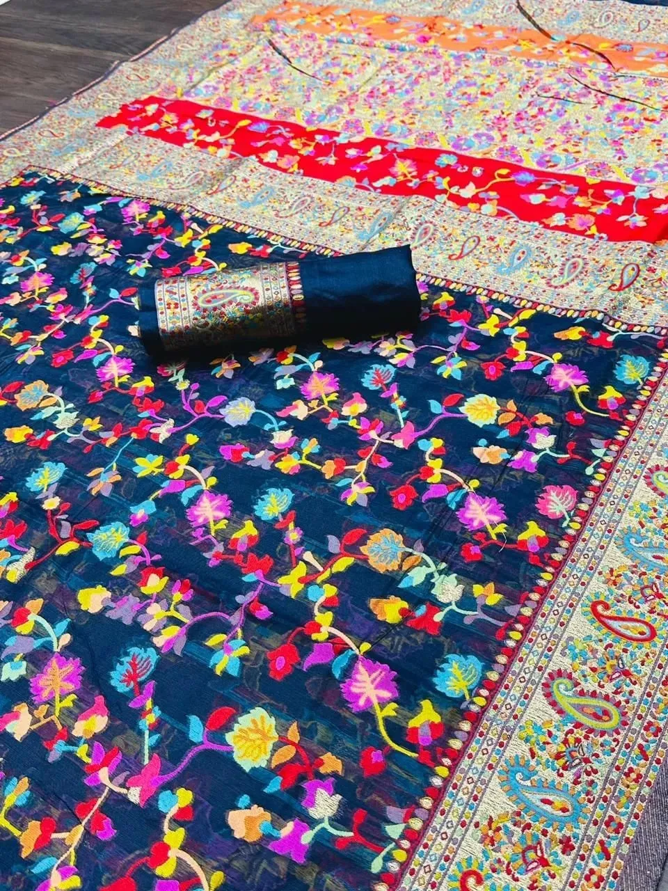 Kashmiri Silk Weaving Multiple Color Printed Sari & Blouse