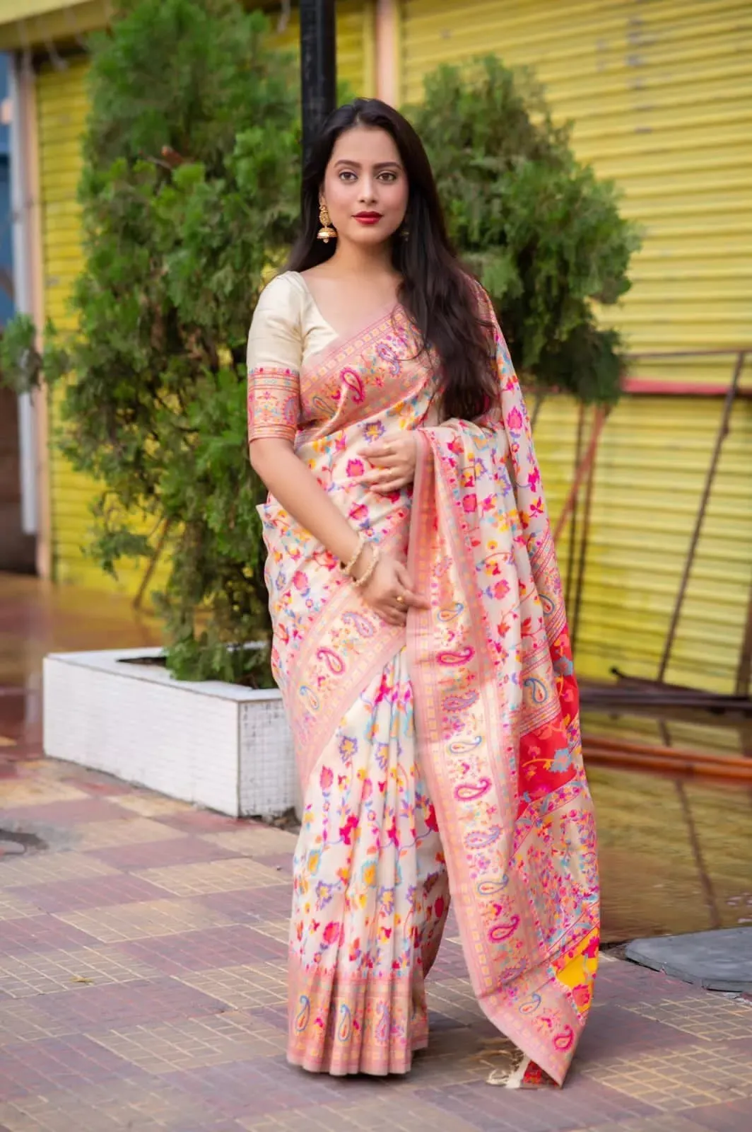 Kashmiri Silk Weaving Multiple Color Printed Sari & Blouse