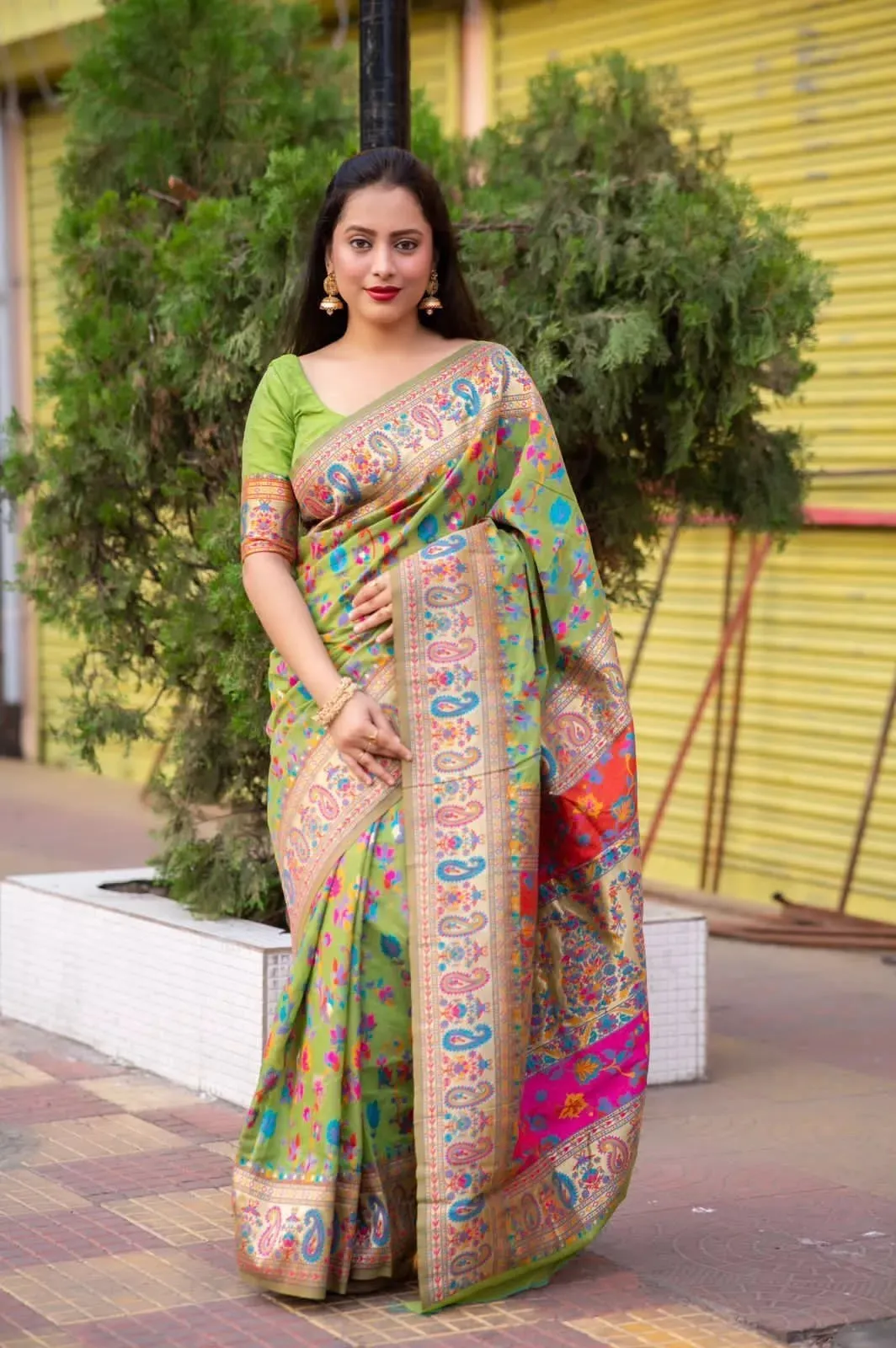 Kashmiri Silk Weaving Multiple Color Printed Sari & Blouse