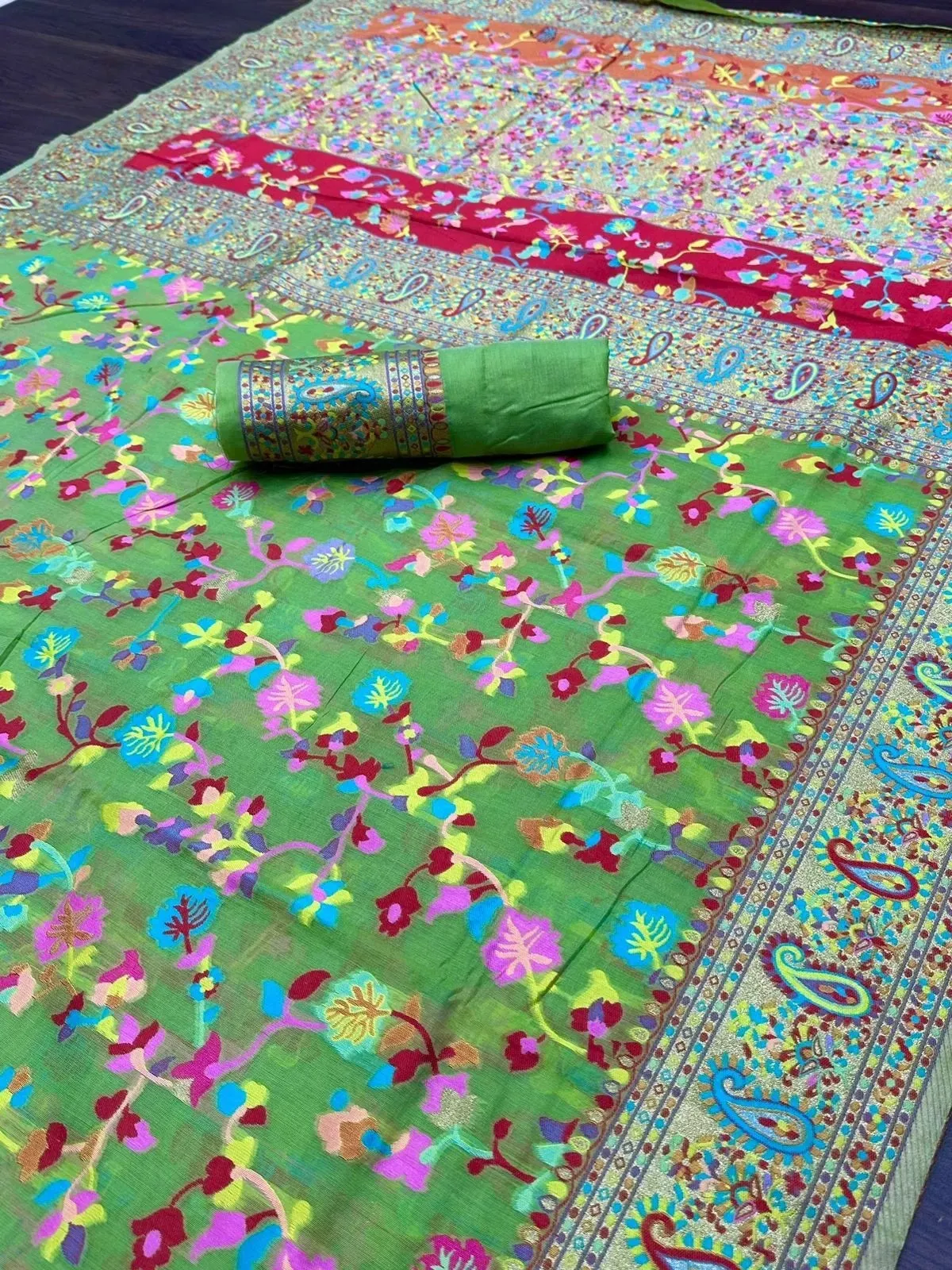 Kashmiri Silk Weaving Multiple Color Printed Sari & Blouse