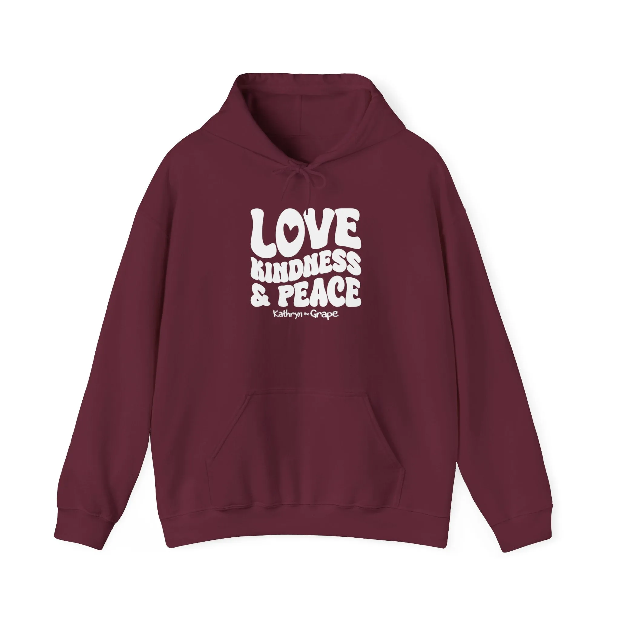 Kathryn the Grape Love, Kindness, and Peace (white) Teen/Adult Unisex Heavy Blend™ Hooded Sweatshirt