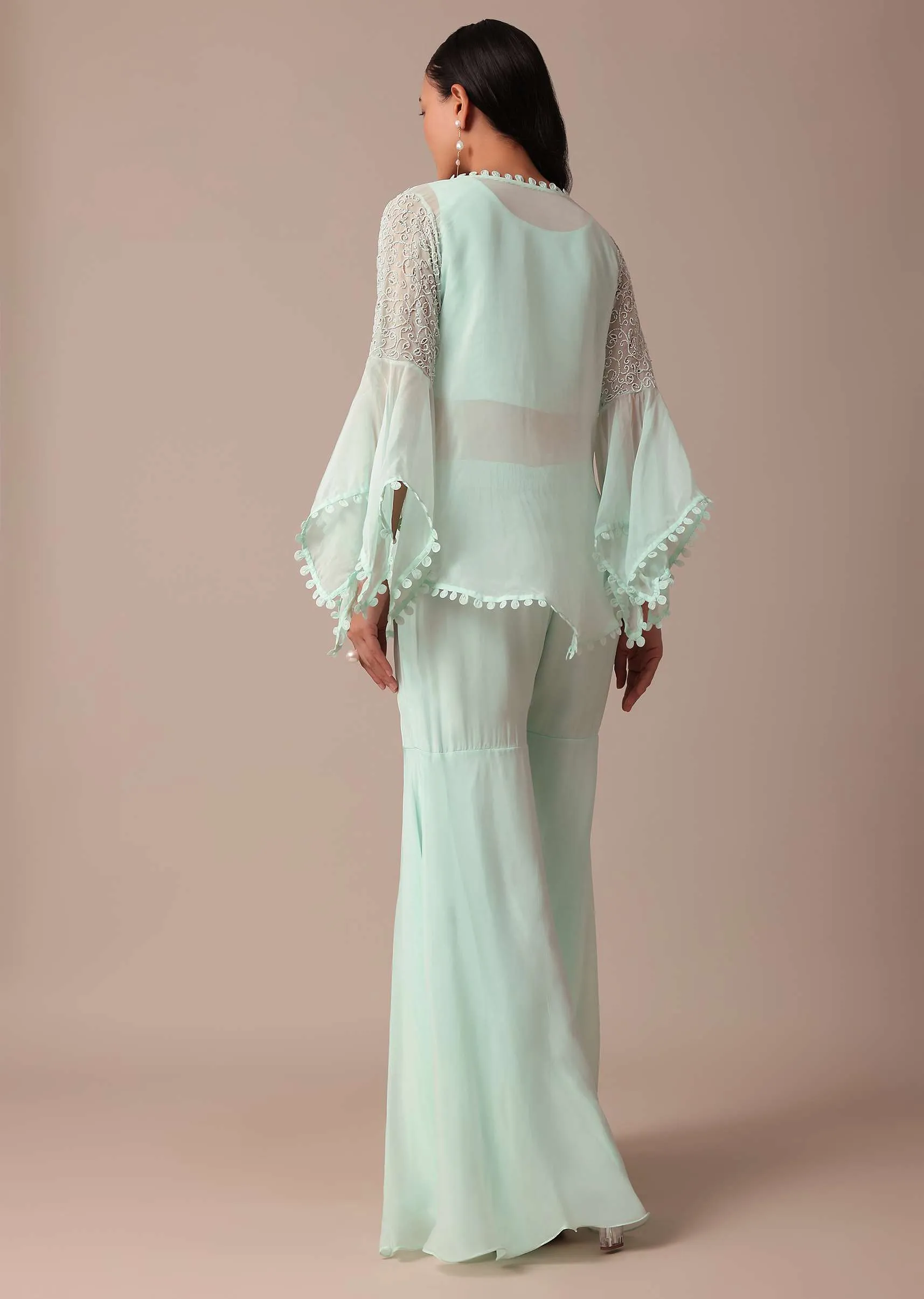 Mint Blue Cotton Sharara Set With Jacket
