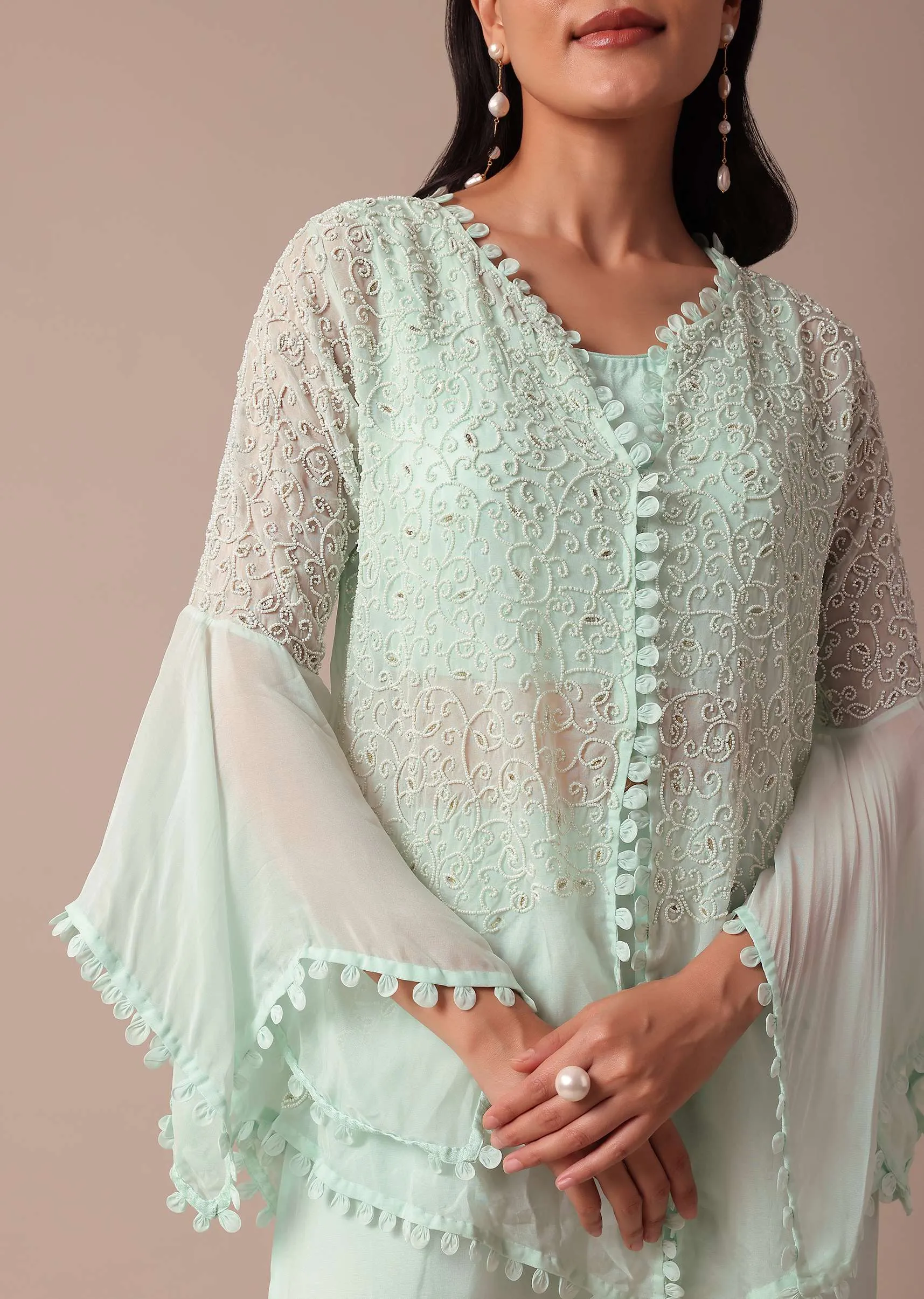 Mint Blue Cotton Sharara Set With Jacket