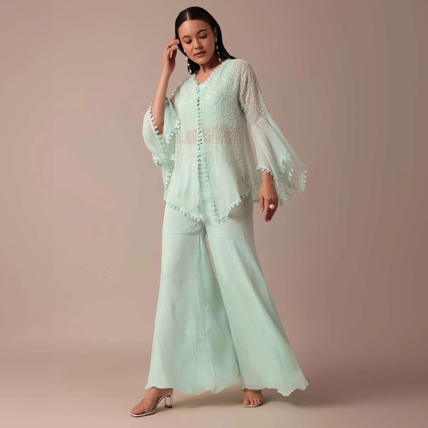 Mint Blue Cotton Sharara Set With Jacket