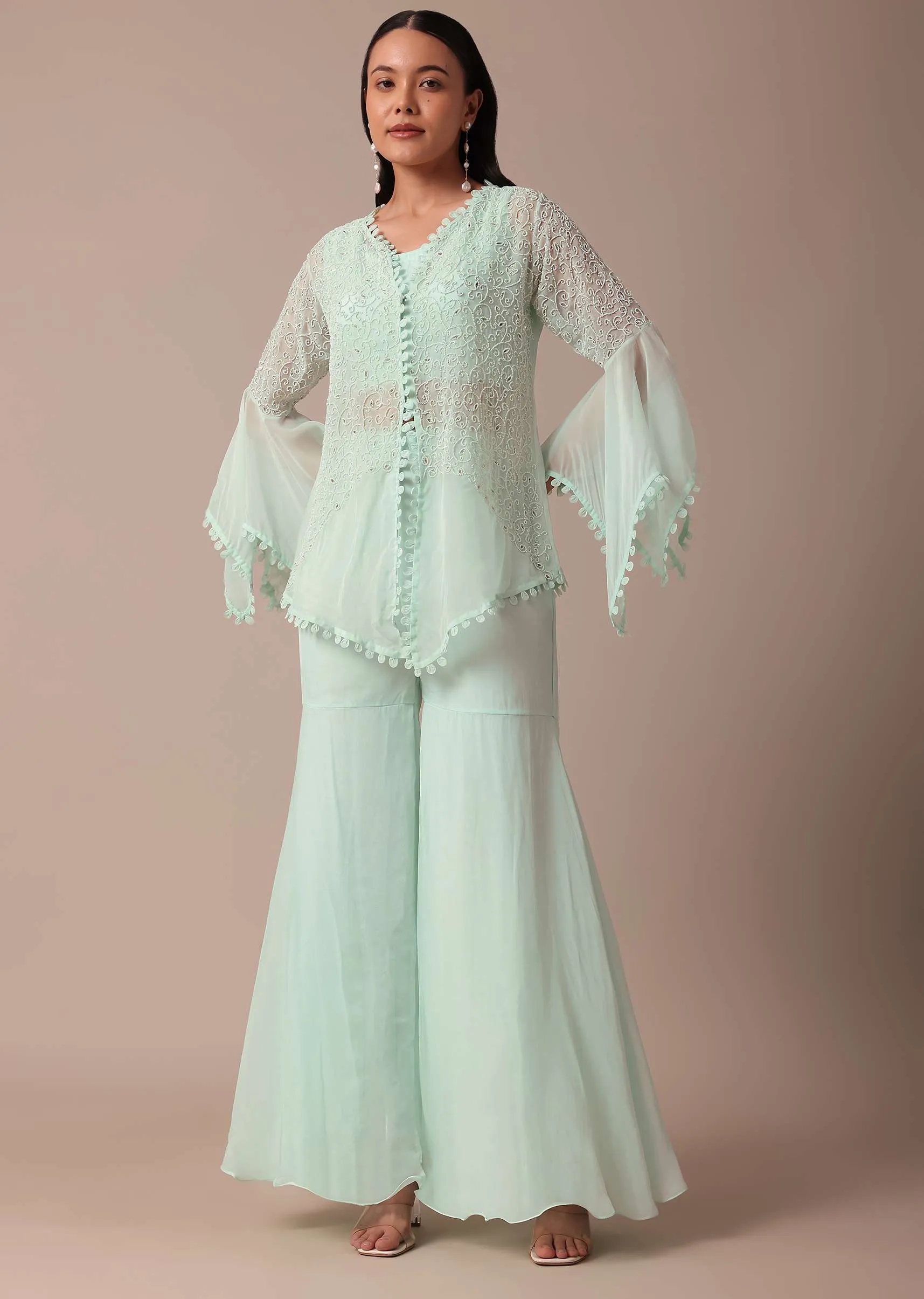 Mint Blue Cotton Sharara Set With Jacket