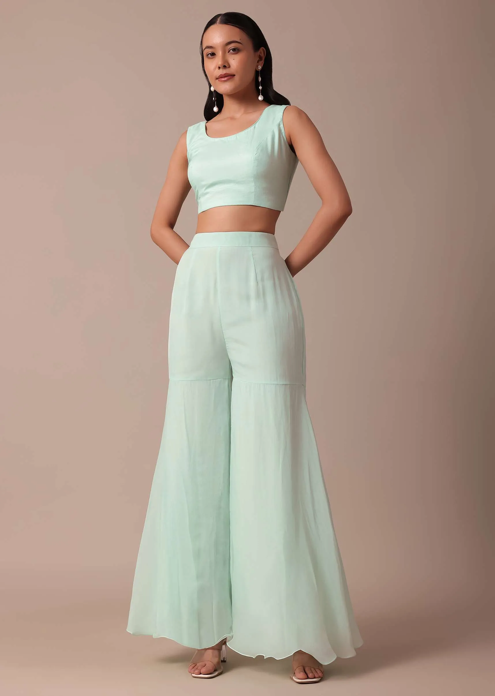 Mint Blue Cotton Sharara Set With Jacket