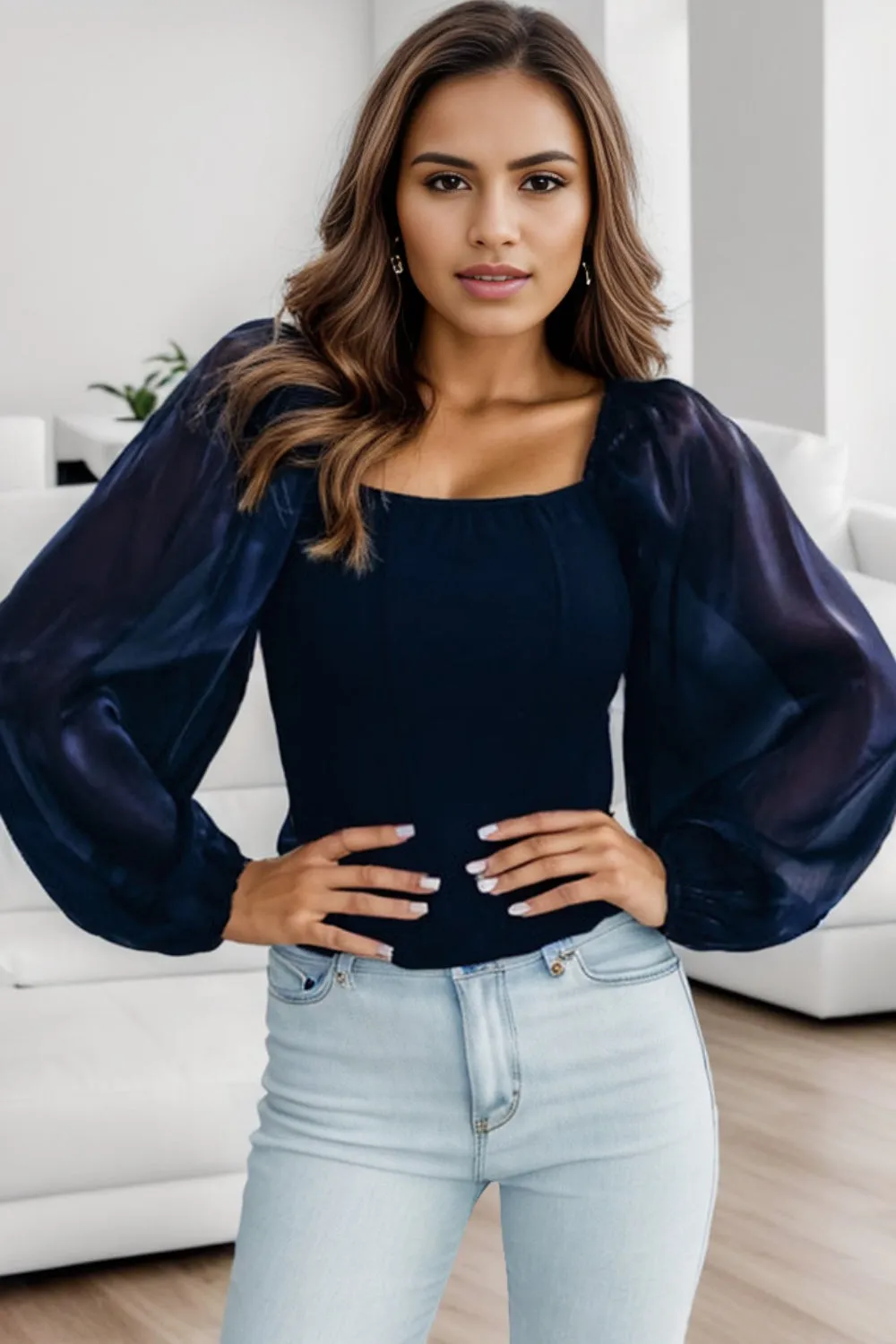 Navy Square Neck Balloon Sleeve Shirt