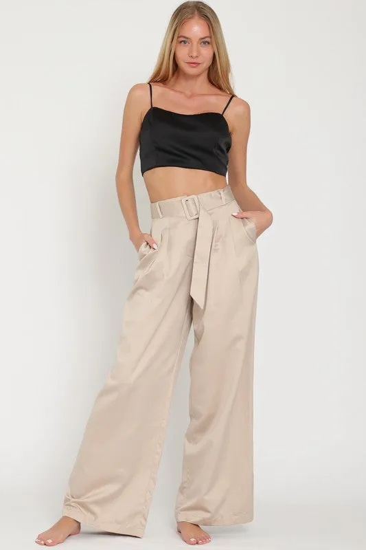 Sand High Waisted Belted Long Pants