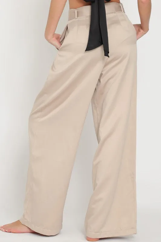 Sand High Waisted Belted Long Pants
