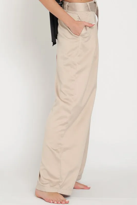 Sand High Waisted Belted Long Pants