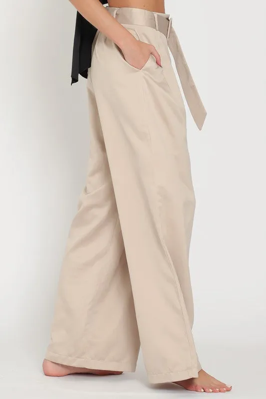 Sand High Waisted Belted Long Pants