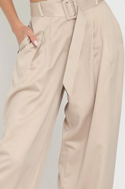 Sand High Waisted Belted Long Pants