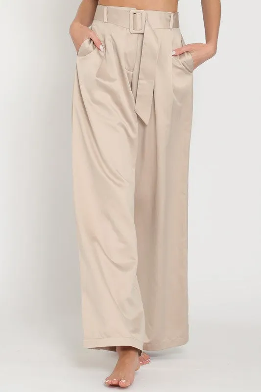 Sand High Waisted Belted Long Pants