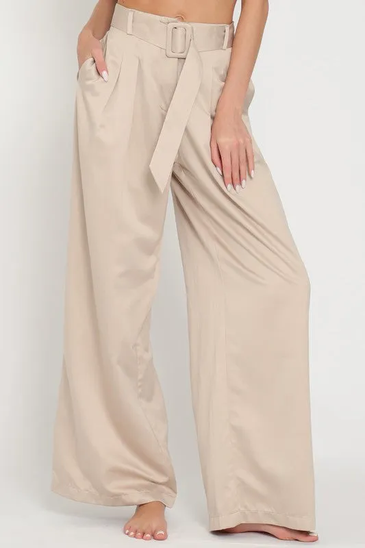 Sand High Waisted Belted Long Pants