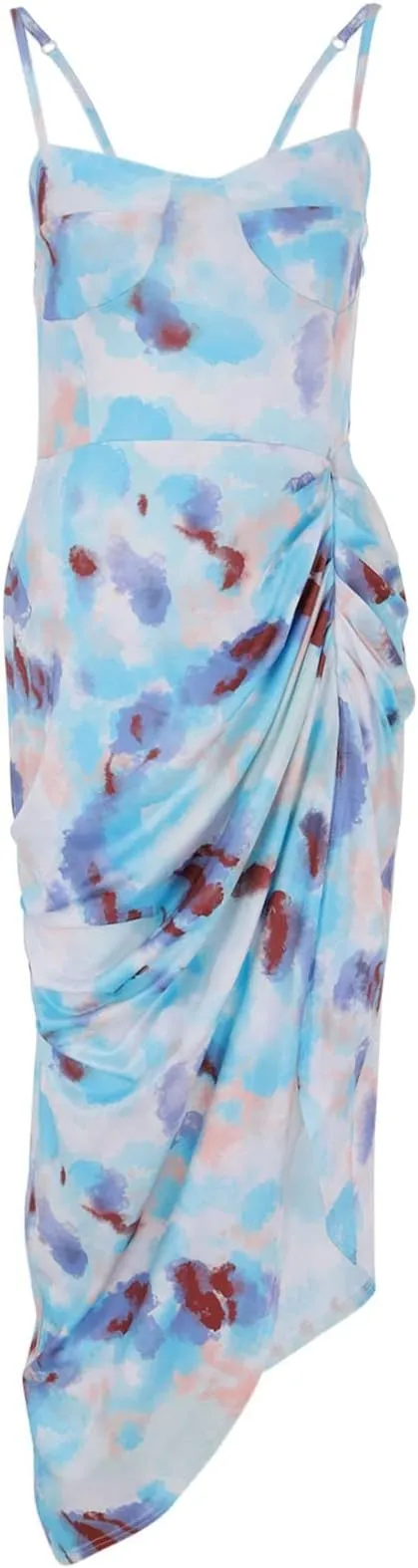 Sexy Blue Dress for Women Printed Midi Pleated Slit Strap Dress Slim Maxi Dresses   519015