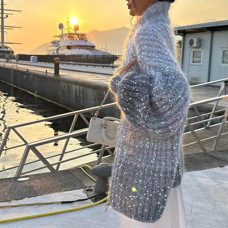 Single Color Sequin Knitted Sweater Jacket