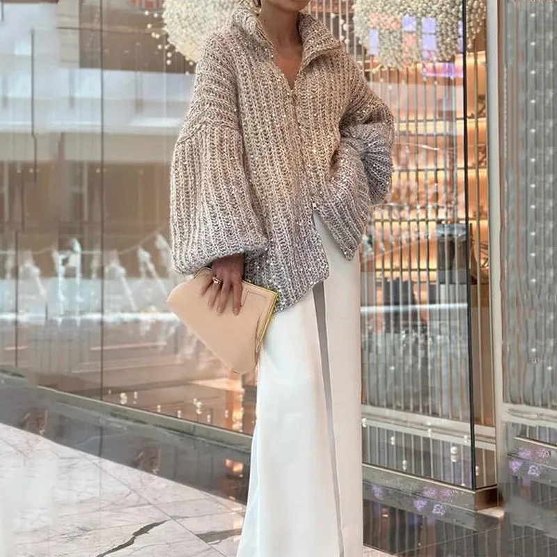 Single Color Sequin Knitted Sweater Jacket