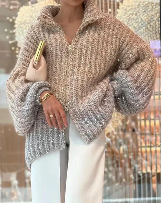 Single Color Sequin Knitted Sweater Jacket