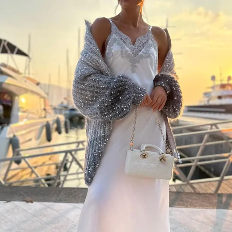 Single Color Sequin Knitted Sweater Jacket