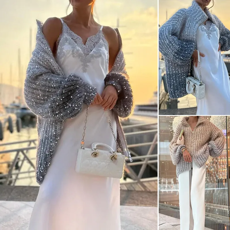 Single Color Sequin Knitted Sweater Jacket