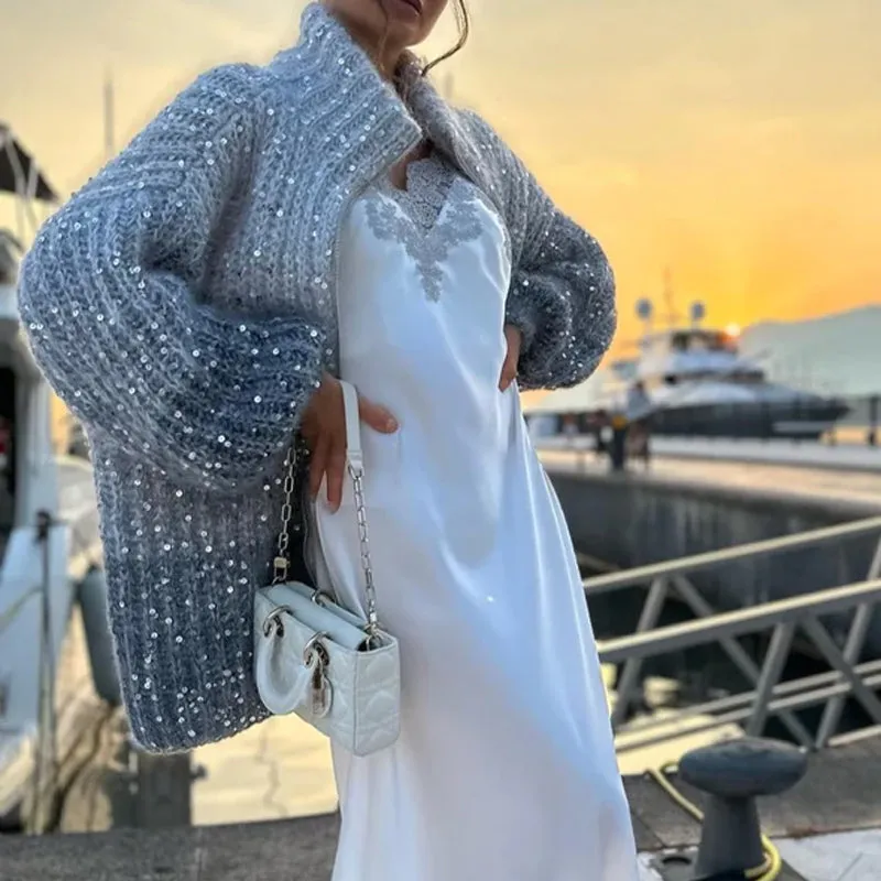 Single Color Sequin Knitted Sweater Jacket